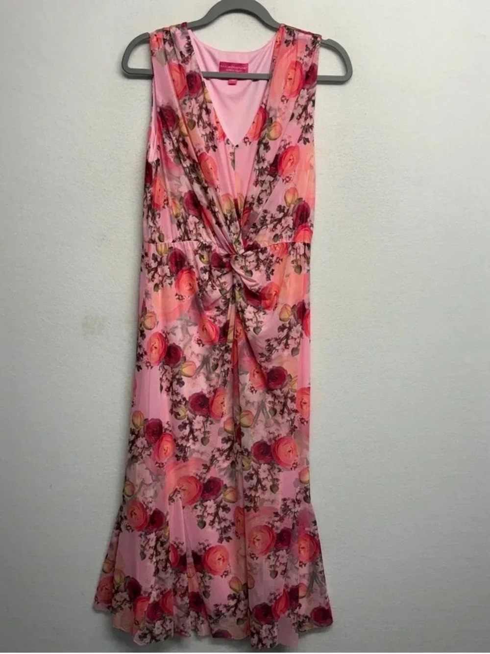 Isaac Mizrahi Pink Floral Midi Dress with Red & Coral Roses